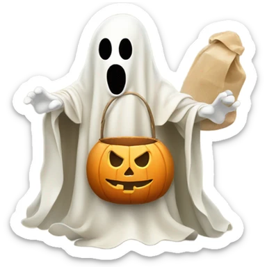 Ghost holding beige trick or treat bag sticker