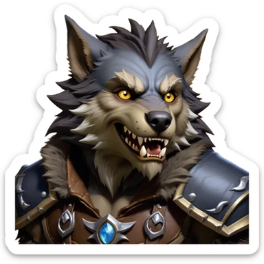 Cinematic Realistic WoW Worgen Portrait, head tilted dramatically with an exaggeratedly amused expression, blending ferocious beastliness with a touch of unexpected humor. His rugged fur, tanned skin, and worn leather garments are rendered with meticulous detail and dynamic lighting, high shine, dramatic yet whimsical, capturing the essence of a worgen whose epic might is tempered by a playful, irreverent charm. sticker