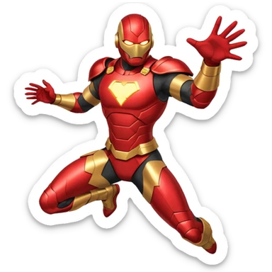 "A high-quality die-cut sticker of a tech-based armored superhero in a dynamic flying pose. Vibrant red and gold metallic plating, glowing circular chest piece, thick white border, flat vector art style, white background." sticker