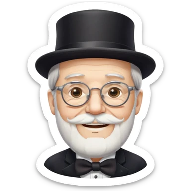 ông lão 70 tuổi, da trắng, tóc bạc, râu trắng, đội mũ ảo thuật đen, đeo kính, mặt cười mỉm sticker