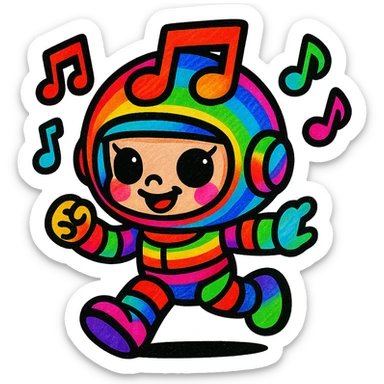 Add more vibrant colors to Popmart Space Molly as a Rednote emoji, keep playful and musical vibe, make helmet, suit, and musical notes multicolored, maintain cute cartoon style, no background. sticker