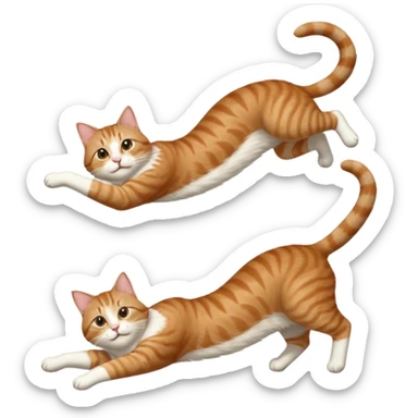 brown tabby and white cat with doing a big extremely long stretch reaching up into the air with arms and legs side by side together straight and overextended whilst lying on its side sticker