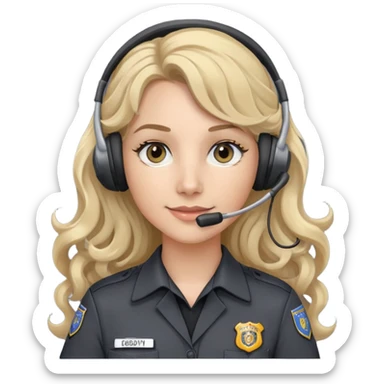 911 dispatcher dark gray uniform, gray eyes, long curly blonde hair, head set sticker