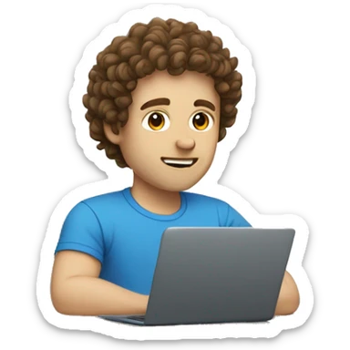 guy with curly brown hair, pale skin, blue t-shirt, sitting at a laptop sticker