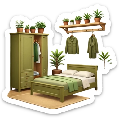 Organizing bedroom with olive green walls, wood bed, plants around, and wood closet sticker