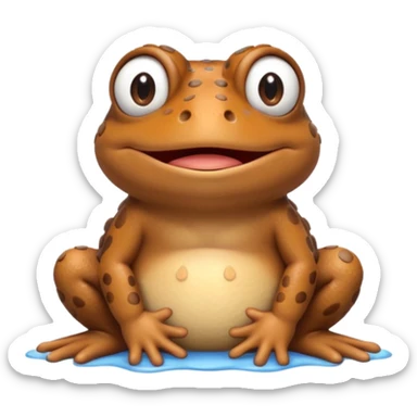 A 3D cartoon toad sitting on damp ground, bumpy brown skin, wide mouth, gentle expression, soft light and clean background, Memoji-style. sticker