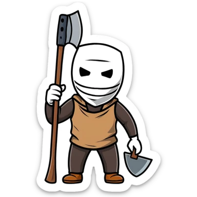 slasher film character with dirty burlap sack mask and axe sticker