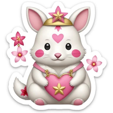 GENERATE ME A MOMONGA WHITE ANIMAL  FROM CHIIKAWA AND PUT A SAKURA FLOWER ON HIS HEAD AND A STAR PELT ON HIS BELLY AND A HEART PURSE ON HIS ARM WITH HIS FACE sticker
