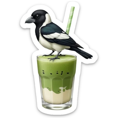  ONE Australien Magpie (just black and white feathers) sitting on an iced matcha latte on the edge of the glass. It has green matcha on its beak indicating it drank. The iced matxha latte is in a see through glass and white from the oat milk on the bottom and green on top… one straw and ice cubes sticker