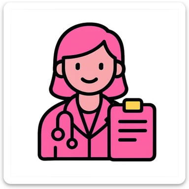 a pink-themed doctor holding a clipboard, friendly expression, modern icon sticker