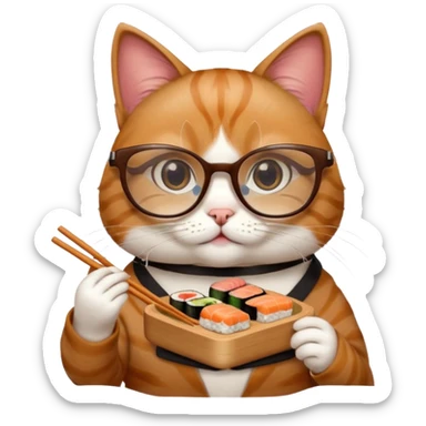 cute girl cat with really big square glasses with super thin frames eating sushi sticker