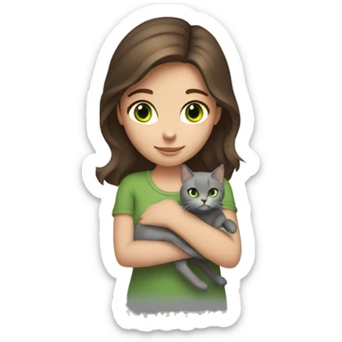 brown haired girl with green eyes holding a grey cat sticker