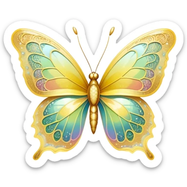 Pastel sparkly yellow glittery iridescent rainbow transparent butterfly with detailed intricate patterns sticker