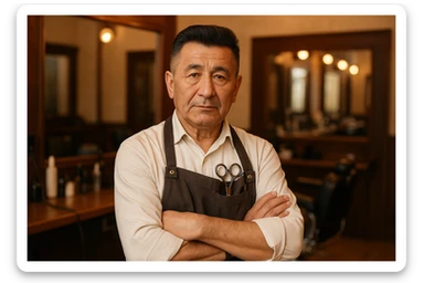 huddi shu odamni qariroq va soqolsiz tasvirlab ber o'zgartirib realistik qilib orqa fon sartaroshxona belidan sal pastroqqacha uzbek sartaroshi juda ham qari emas lekin yosh ham emas sticker