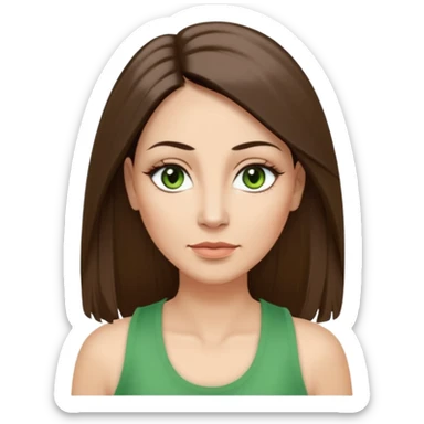 43 year old Adult woman avatar, light skin tone, long, oval face, long straight ashy brown hair, green almond-shaped eyes with dramatic eyelashes and minimal eyeliner, neutral mouth, medium straight eyebrows, average nose, smooth skin, high-neck tank top  sticker
