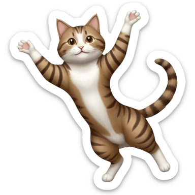 dark brown tabby and white cat with doing a big extremely long stretch reaching up into the air with arms and legs side by side together straight and overextended whilst lying on its side sticker