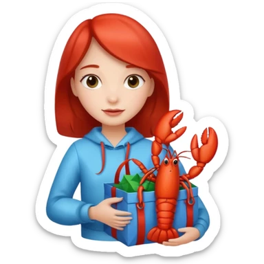 Cute girl holding gift bag with lobster inside sticker