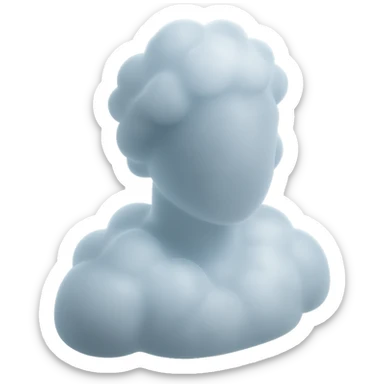 person made entirely of pure white puffy clouds, shoulders up, front view, matte glass style sticker
