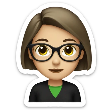 A girl with short brown hair and dark green eyes, black glasses and a black shirt sticker