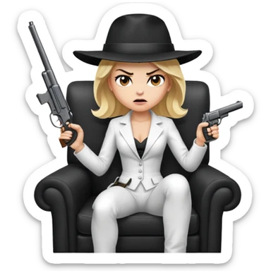 Mafia blondes angry woman in hat , gun ,black armchair , white costume  sticker