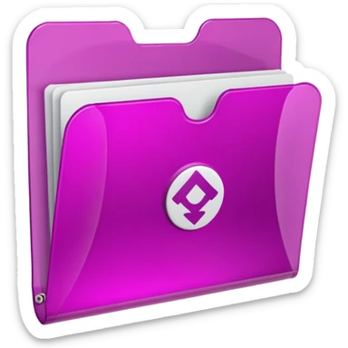 A translucent magenta plastic folder with rounded corners, elastic string and button closure, subtle transparency, and a small university/academic symbol on the front. sticker