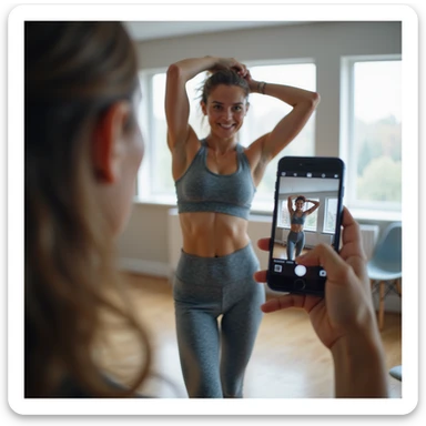 young woman in fitness clothing, side pose with raised arms, recording video check for coach with smartphone, bright and tidy environment, hyperrealistic details, 4K sticker