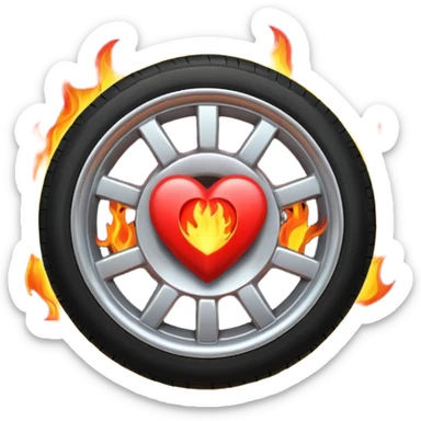 the car wheel is on fire, and in the center of the wheel there is a red fiery heart, high quality sticker