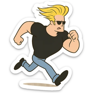 johnny bravo cartoon character, running with wind-blown hair, cartoon style sticker