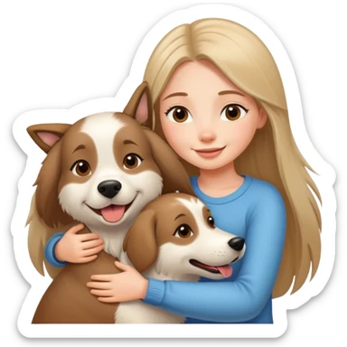 A beautiful girl with long straight hair happily hugs an Alaskan dog sticker