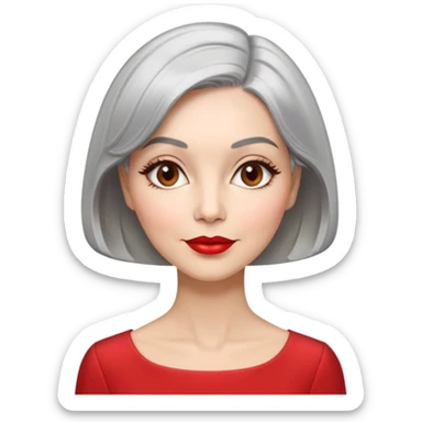 Sophisticated 70s woman with silver-gray bob cut, fair skin, almond eyes, distinctive cheekbones, wearing red lipstick and red blouse, warm friendly expression sticker
