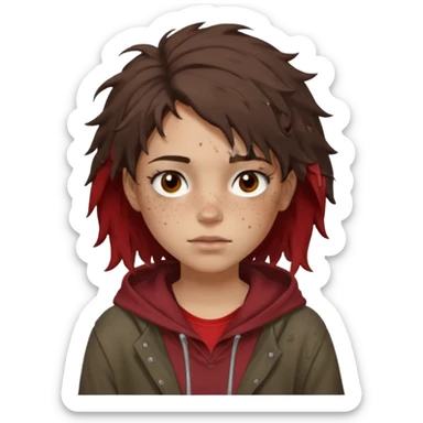 Hobo tomboy with light skin, freckles, dark brown shoulder-length hair in a messy style, brown eyes, dark brown hoodie, dull red shirt. sticker