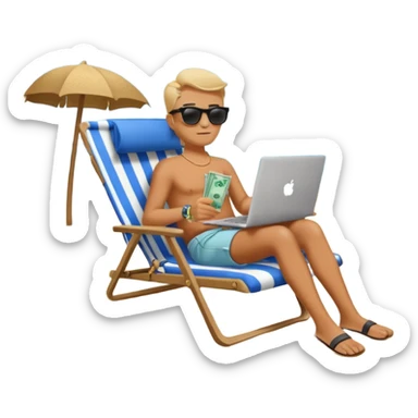 Emoji-style person relaxing on beach chair with laptop and money bag, “$20K” written in sand, sky gradient background, calm and successful tone sticker