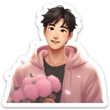 Gorgeous bright sparkly romantic Asian anime style guy with blushing face and flowers aesthetic trending style outside sticker