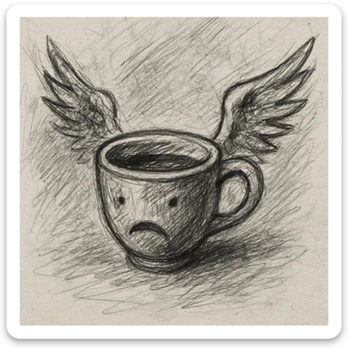 a cup with wings, pencil sketch style, rough and expressive, sketchbook background sticker