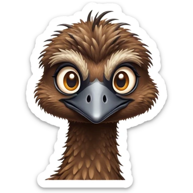 Cinematic Cute Emu Portrait Emoji, Head tilted playfully and inquisitively, featuring a glossy, textured brown plumage with a perky head and round, sparkling eyes full of curious wonder, Simplified yet irresistibly adorable features, highly detailed, glowing with a warm, friendly glow, high shine, affectionate and lively, stylized with a touch of outback whimsy, bright and endearing, soft glowing outline, capturing the essence of a mischievous yet loving emu, so playful it feels like it could gallop out of the screen into your arms! sticker