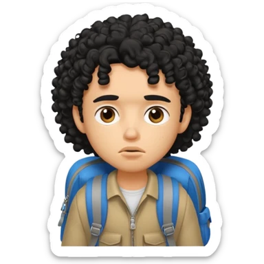 a pretty bratz guy with black curly hair wearing a backpack looking tired sticker