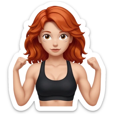 Athletic girl with long light red wavy hair and smaller boobs bigger arms. middle part and black sports bra sticker