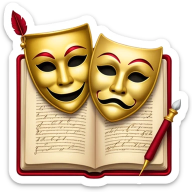 Create a bold and dramatic emoji representing the art of playwriting. The design should feature an open script or a theater playbook, with stylized text inside. Include elements like a theatrical comedy and tragedy masks, a stage spotlight, or a writting quill to symbolize creativity and performance. Use deep, contrasting colors like red, black, and gold to evoke the intensity and passion of drama. The overall design should feel dramatic, inspiring, and artistic. Make the background transparent. sticker