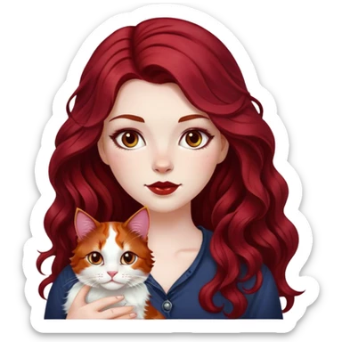 a white girl with dark red cherry long wavy hair and calico cat sticker