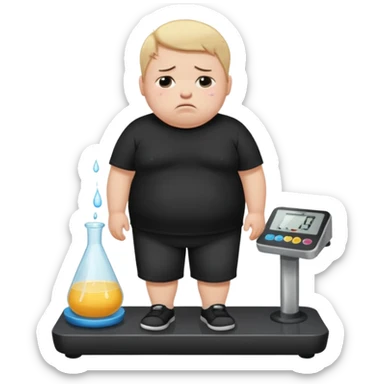 sad fat young boy in black t shirt on weight scale crying with tears on his cheeks sticker