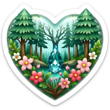 crystal heart with forest inside and floral decoration around sticker