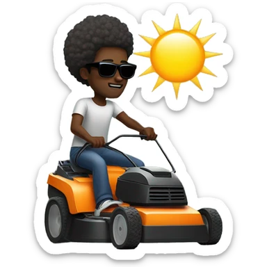 Black man with afro and sunglasses pushing a lawnmower and listening to music with sun rising in background sticker