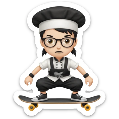 ["An angry boy , ponytail, wearing a chef hat and square glasses, dressed in goth fashion, is skateboarding while holding a backpack."] sticker