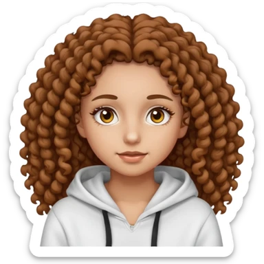 Una ragazza con una felpa semplice bianca,ha gli occhi marroni,i capelli marroni  , c’è gli ha lunghi e ricci molto ricci  ma non troppo e ha le ciglia stile emoji apple sticker