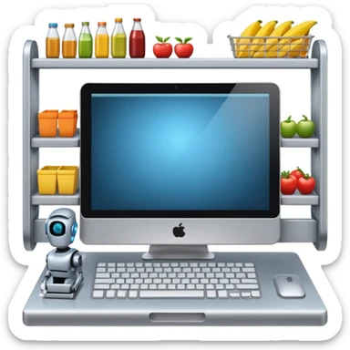 Grocery shelf design on a computer with a robot at the keyboard sticker
