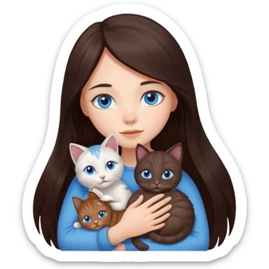 a pretty girl with long dark 
brown hair, with blue eyes, hugs 3 different natural coloured small cats sticker