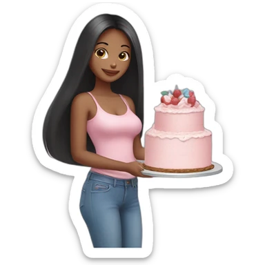 Thin fair girl with little long face and long black straight hairs, in baby pink top and blue jeans holding a cake  sticker
