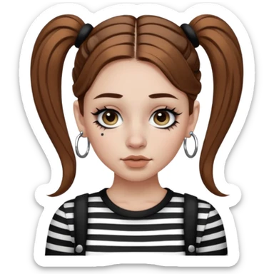 a white girl with brown hair in very low pigtails black eyeliner big false eyelashes with a septum piercing nose piercing big hoop earings dermals close to the eyes one on each side wearing a black and white striped long sleeve shirt sticker
