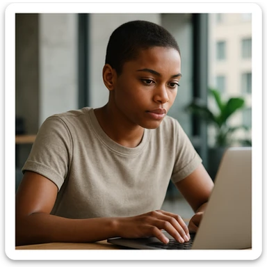 A short-haired girl with a dark complexion, white ethnicity, working on a laptop, modern setting, realistic style, natural lighting, detailed sticker