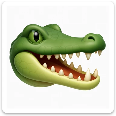 Create a crocodile emoji that looks exactly like the reference image in iOS emoji style. The emoji should be 3D with shiny, smooth gradients, soft shadows, and a realistic crocodile head with green scales and an open mouth, capturing the classic emoji look. sticker